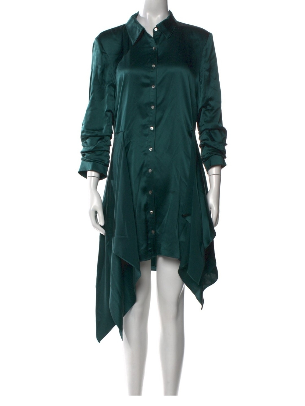 cinq a sept Emerald Satin Long-Sleeve Handkerchief-Hem Dress